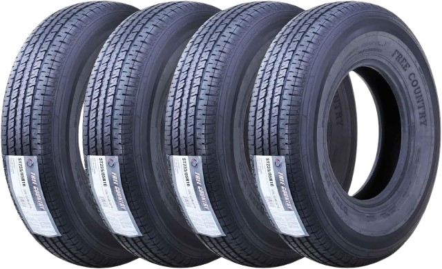 Four-unit steel-belted set with scuff guard protection for heavy hauling.