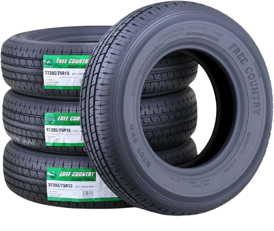 Four-tire set with 8-ply construction and protective sidewall reinforcement.